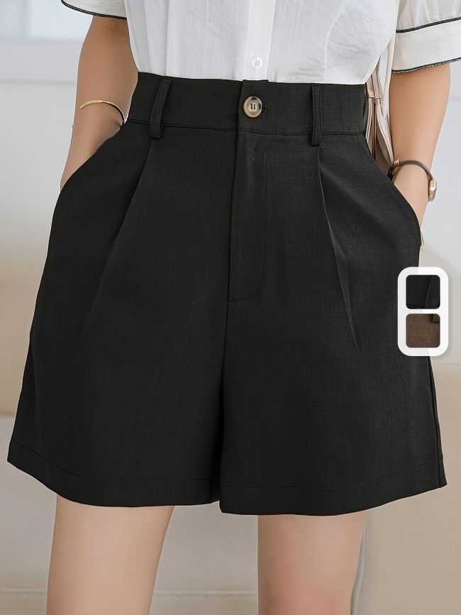 High-Waisted Solid Color Tucked Shorts - Elastic Polyester Fabric, Slant Pockets, Elegant Style for Spring & Summer - Womens Casual Shorts for All Seasons