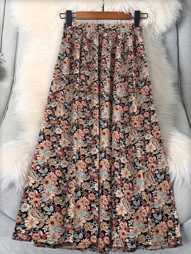 Chic Floral Print A-Line Skirt for Women - Lightweight Polyester, Perfect for Spring\u002FSummer Vacations - Machine Washable, Non-Stretch Fabric with Vibrant Flower Design, Casual Outdoor Attire | Autumn Fashion | Woven Texture