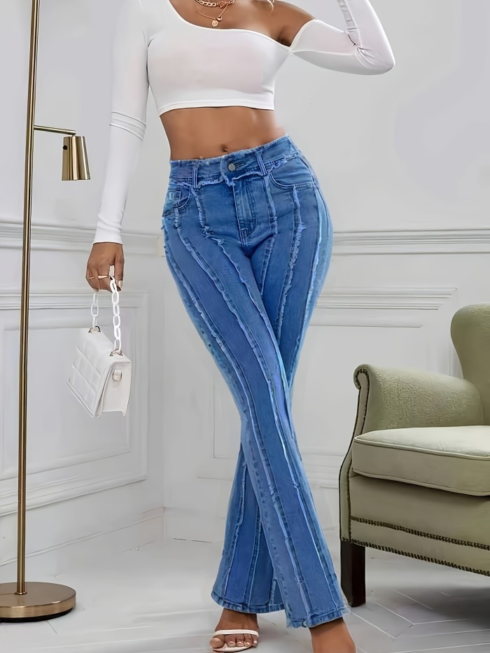 Elegant Style Women's High-Waist Stretch Denim Flare Jeans - Blue Loose Straight-Leg with Raw Hem, Casual Washed Wide-Leg Pants for Spring\u002FSummer
