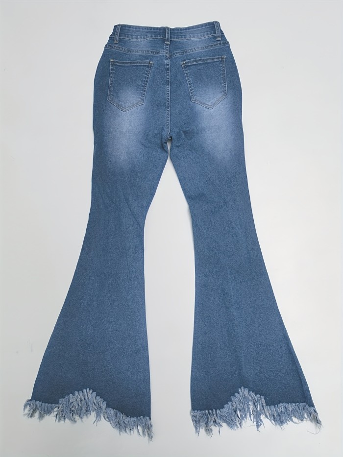 The Distressed White Jeans Feature Flared Legs with Frayed Edges And Heavy Craftsmanship.