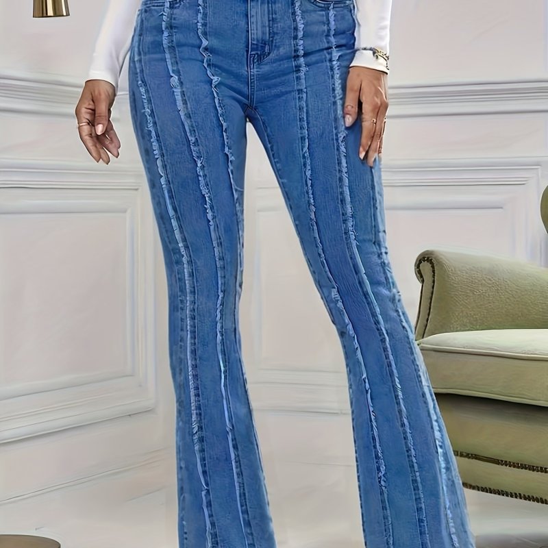 Elegant Style Women's High-Waist Stretch Denim Flare Jeans - Blue Loose Straight-Leg with Raw Hem, Casual Washed Wide-Leg Pants for Spring\u002FSummer