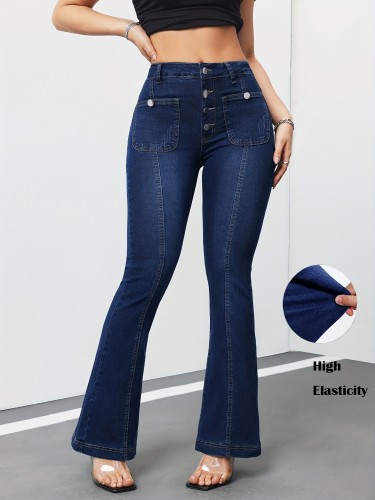 Elegant High Stretch Flare Leg Jeans, Rayon Blend (75% Rayon, 23% Polyester, 2% Spandex), Solid Color, with Button Front Detail, for All-Season Woven Fabric