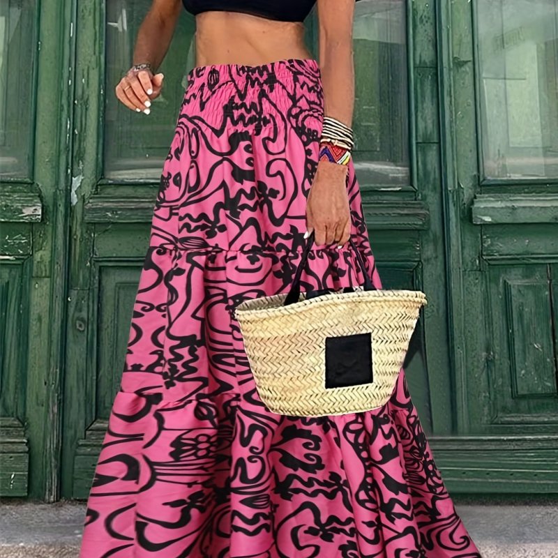 Long Tropical Print Boho High Waist Maxi Skirt - Flared Hem, Regular Fit, Woven Polyester, Machine Washable - Perfect for Spring, Summer, and Fall Seasons