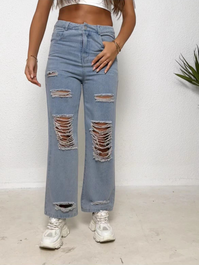 Fashion Personality Women'S Ripped Jeans - Street Ripped Pants Show More Personality, Micro-Elastic Slim Fit, Ripped Symmetrical Design