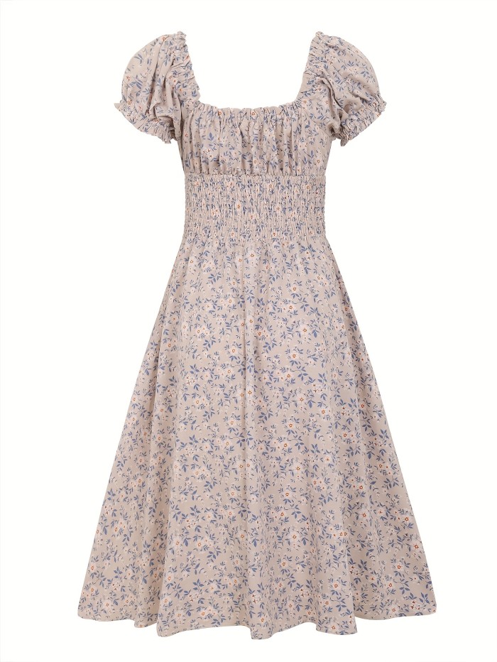 Summer Floral Print Midi Dress - V-Neck Ruched Bust, Bubble Sleeves, Sheath Silhouette - 100% Polyester, Regular Fit, X-Contour, No Belt, Long Length, 90g\u002Fm² Woven Fabric