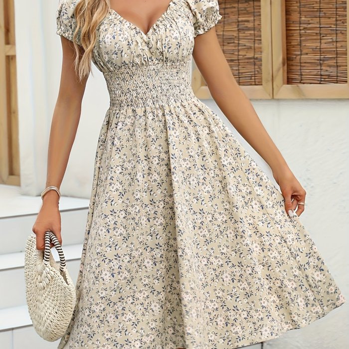 Summer Floral Print Midi Dress - V-Neck Ruched Bust, Bubble Sleeves, Sheath Silhouette - 100% Polyester, Regular Fit, X-Contour, No Belt, Long Length, 90g\u002Fm² Woven Fabric