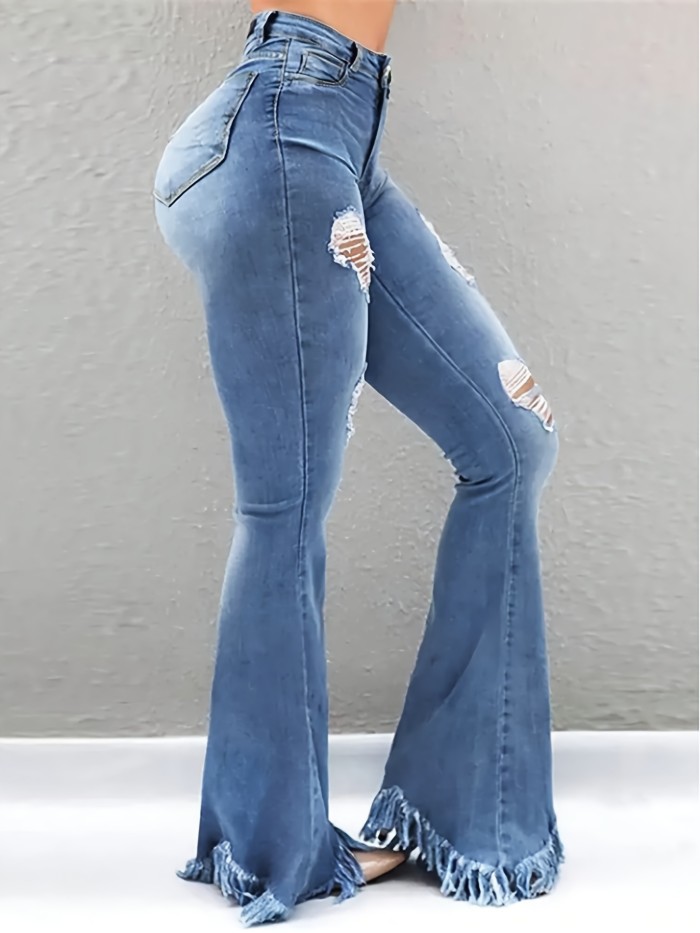 The Distressed White Jeans Feature Flared Legs with Frayed Edges And Heavy Craftsmanship.