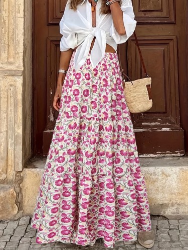 Long Tropical Print Boho High Waist Maxi Skirt - Flared Hem, Regular Fit, Woven Polyester, Machine Washable - Perfect for Spring, Summer, and Fall Seasons