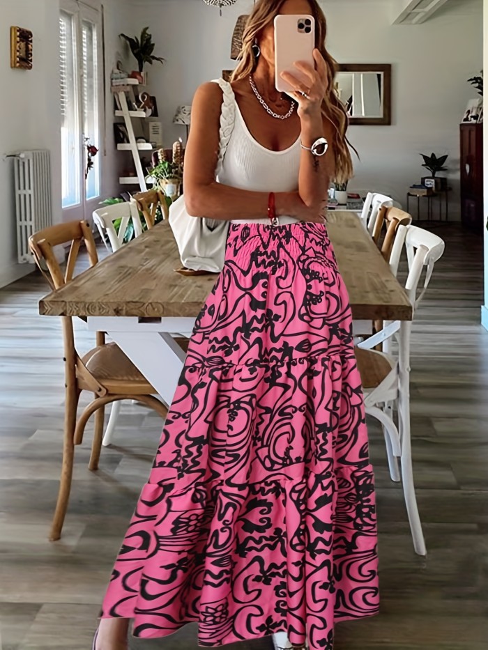 Long Tropical Print Boho High Waist Maxi Skirt - Flared Hem, Regular Fit, Woven Polyester, Machine Washable - Perfect for Spring, Summer, and Fall Seasons