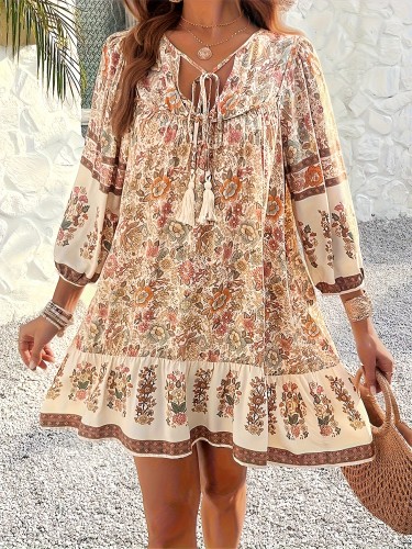 Floral Print Tie Neck Dress Ethnic Floral Print Tie Neck Dress, Vacation Style 3\u002F4 Sleeve Ruffle Hem Boho Dress, Women's Clothing