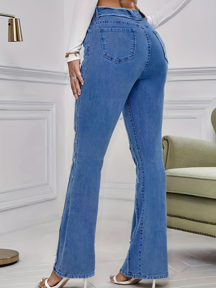 Elegant Style Women's High-Waist Stretch Denim Flare Jeans - Blue Loose Straight-Leg with Raw Hem, Casual Washed Wide-Leg Pants for Spring\u002FSummer