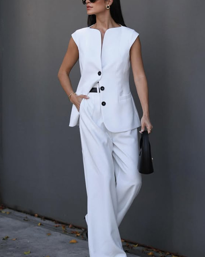 Fashion Commuter Solid Color Top & Pants Two-Piece Set