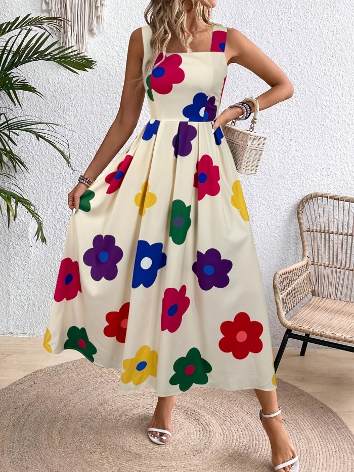 1pc Elegant Floral Print Midi Dress for Women - 100% Polyester, Strapless, Sleeveless, A-Line, Vibrant Flower Pattern for All-Season Wear