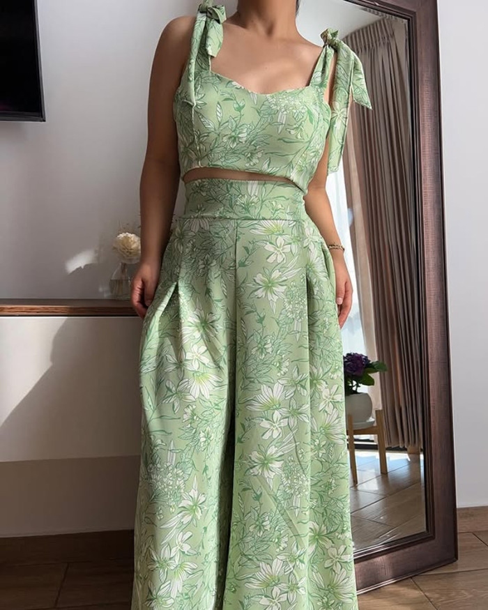 Casual Printed Lace-Up Top & Pants Two-Piece Set