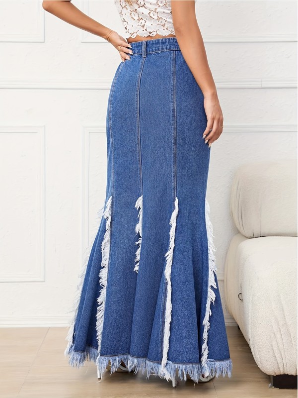 Elegant High-Waist Mermaid Denim Midi Skirt with Raw Hem & Tassel Details - Rayon & Polyester Blend, Non-Stretch, Machine Washable - Chic Distressed Blue Jeans Style for Women, Autumn Attire|Highwaist Skirt|Raw Hem Design
