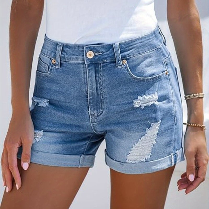 Womens High-Waisted Distressed Denim Shorts - Breathable, Slight Stretch, Solid Color, Machine Washable - Perfect for Spring and Summer Fashion
