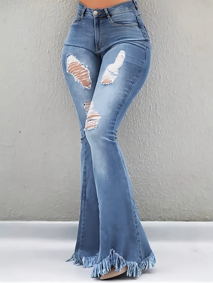 The Distressed White Jeans Feature Flared Legs with Frayed Edges And Heavy Craftsmanship.
