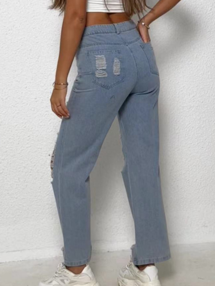 Fashion Personality Women'S Ripped Jeans - Street Ripped Pants Show More Personality, Micro-Elastic Slim Fit, Ripped Symmetrical Design