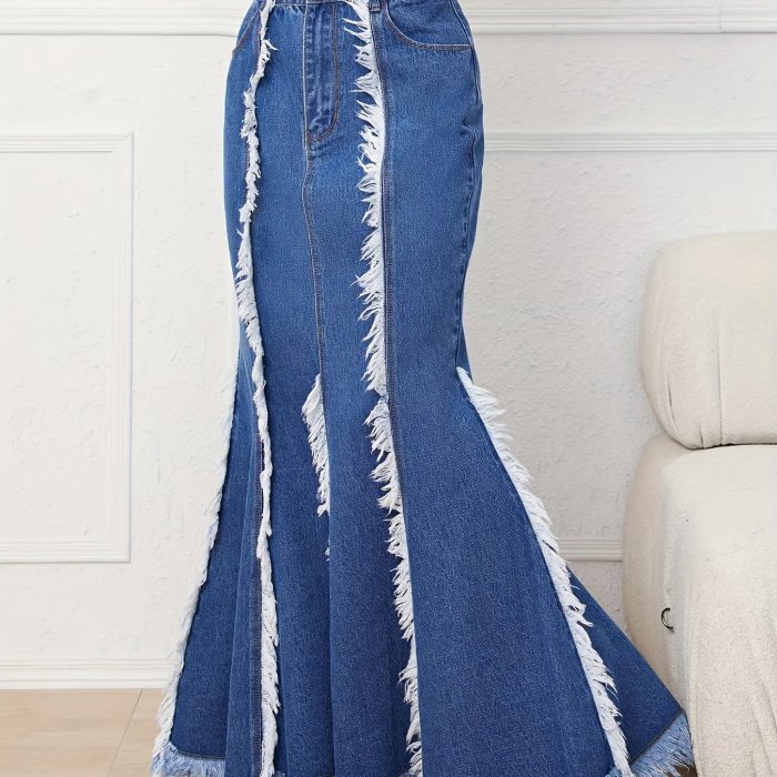 Elegant High-Waist Mermaid Denim Midi Skirt with Raw Hem & Tassel Details - Rayon & Polyester Blend, Non-Stretch, Machine Washable - Chic Distressed Blue Jeans Style for Women, Autumn Attire|Highwaist Skirt|Raw Hem Design
