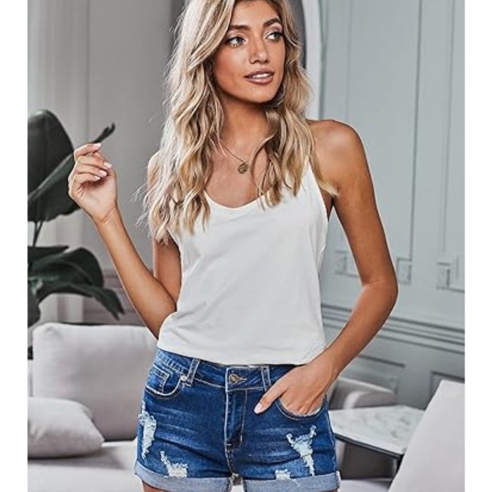 Womens High-Waisted Distressed Denim Shorts - Breathable, Slight Stretch, Solid Color, Machine Washable - Perfect for Spring and Summer Fashion