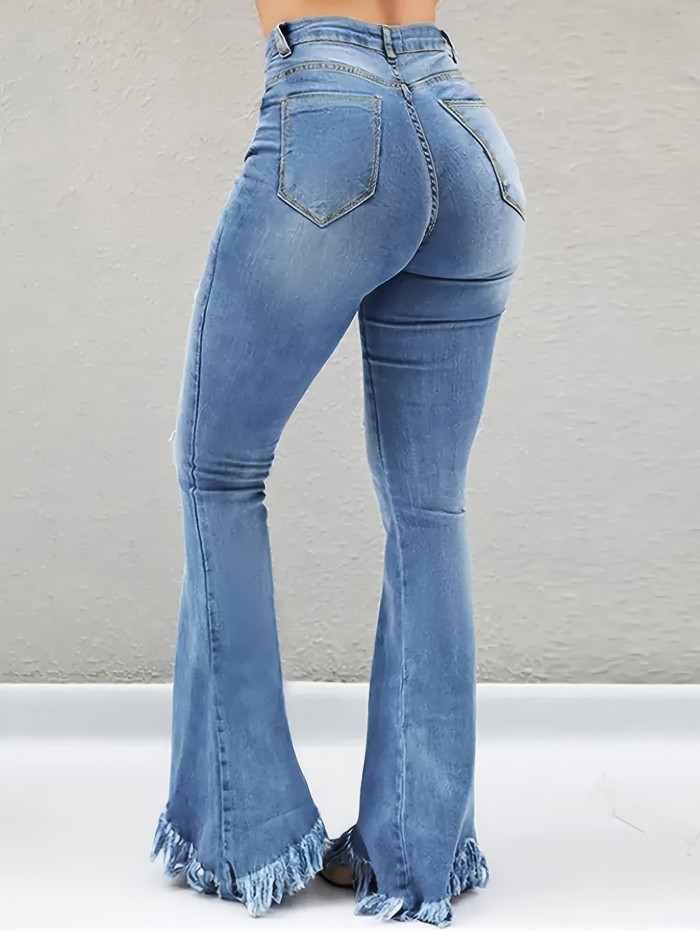 The Distressed White Jeans Feature Flared Legs with Frayed Edges And Heavy Craftsmanship.