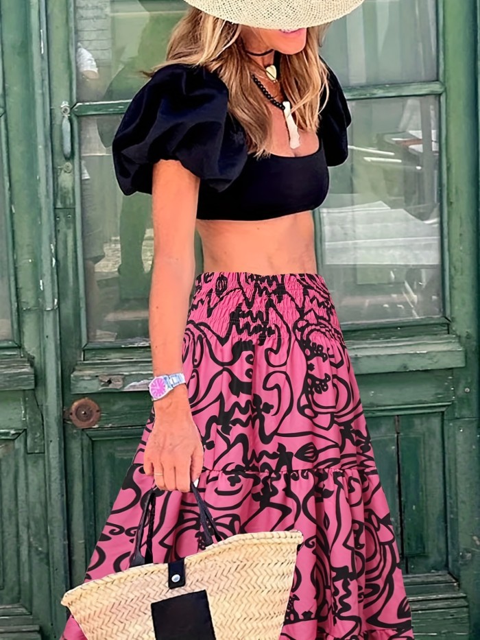 Long Tropical Print Boho High Waist Maxi Skirt - Flared Hem, Regular Fit, Woven Polyester, Machine Washable - Perfect for Spring, Summer, and Fall Seasons