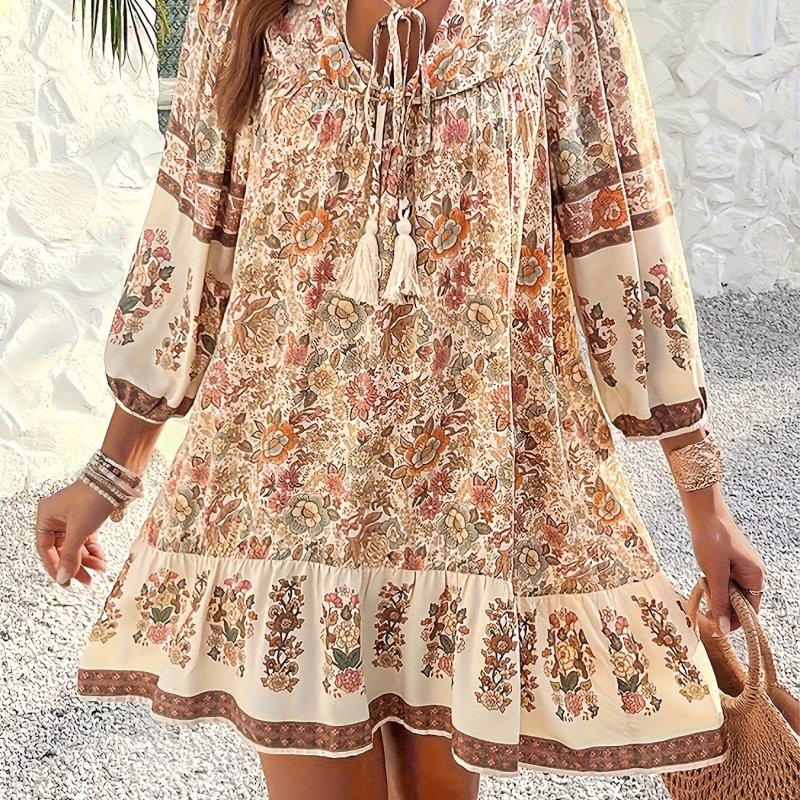 Floral Print Tie Neck Dress Ethnic Floral Print Tie Neck Dress, Vacation Style 3\u002F4 Sleeve Ruffle Hem Boho Dress, Women's Clothing