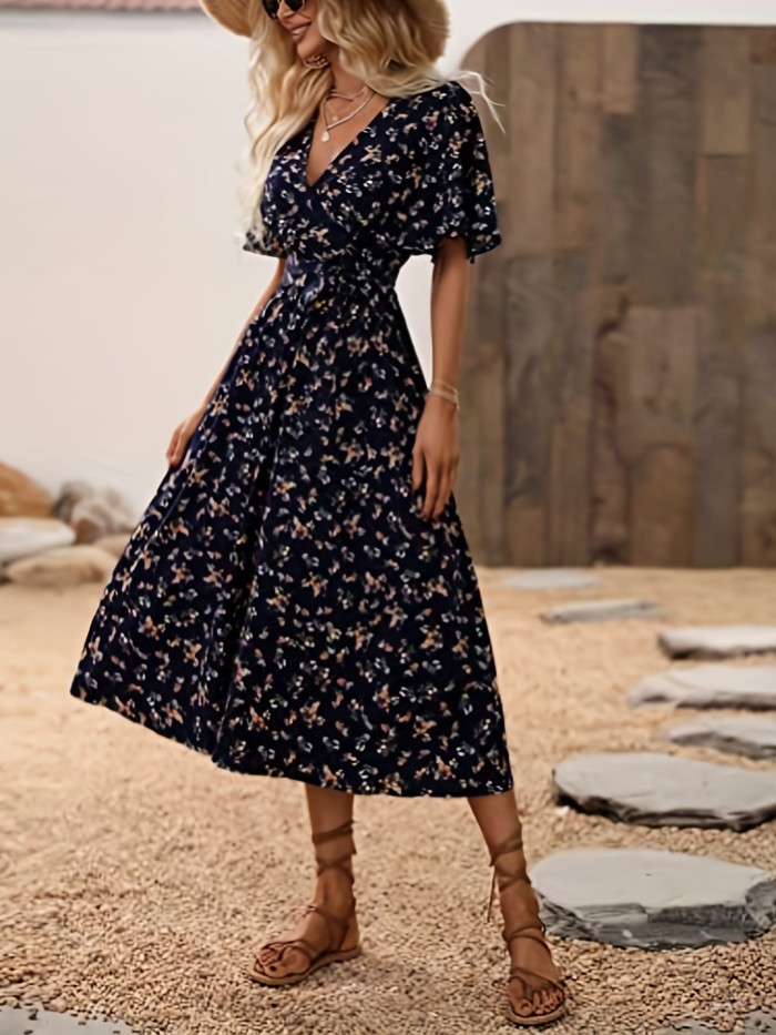 Floral Print Flutter Sleeve Dress, Boho V Neck Slim Waist Dress - Women's Clothing -  Bohemian Style - For Women - Perfect for Summer Parties & Casual Outings - Great Gift for Fashionable Women
