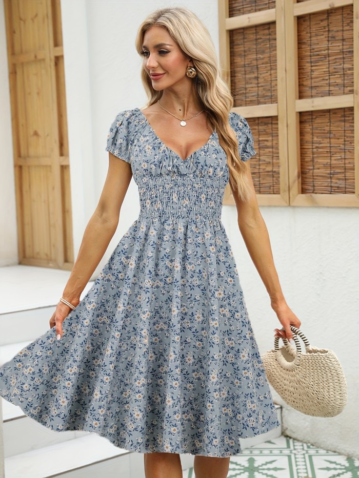 Summer Floral Print Midi Dress - V-Neck Ruched Bust, Bubble Sleeves, Sheath Silhouette - 100% Polyester, Regular Fit, X-Contour, No Belt, Long Length, 90g\u002Fm² Woven Fabric