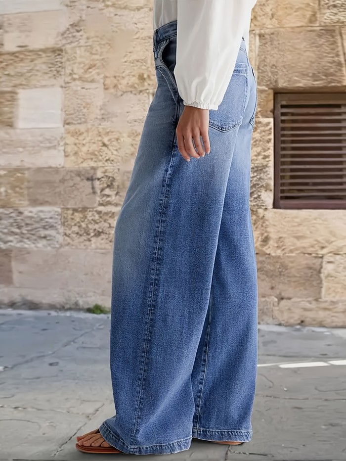 Women'S High-Waisted Wide Leg Jeans, Elegant Solid Color, Rayon Blend (65% Rayon, 33% Polyester, 2% Elastane), Medium Stretch, Button Fly, Zipper Detail, Straight Leg, All-Season, Loose Fit, Long Length - Blue Wash