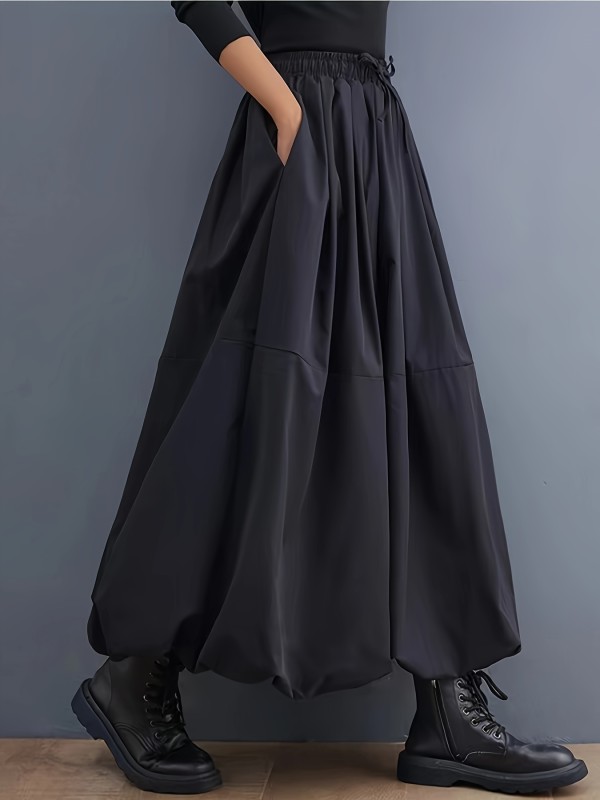 A-Line Silhouette Women's Elegant Black Maxi Skirt | Polyester | A-Line Silhouette with Pockets | Machine Washable | Ideal for Spring\u002FSummer