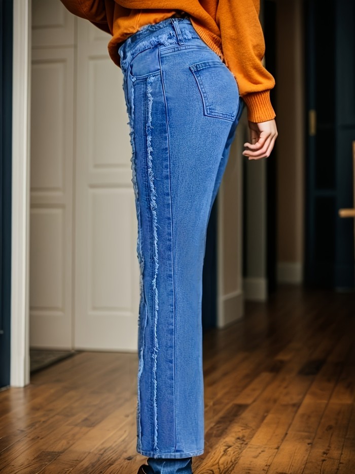 Elegant Style Women's High-Waist Stretch Denim Flare Jeans - Blue Loose Straight-Leg with Raw Hem, Casual Washed Wide-Leg Pants for Spring\u002FSummer