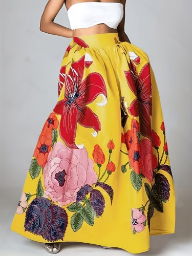Women's Bohemian Floral Print High-Waist Maxi Skirt - Vibrant Multi-Color Flowers, Flowy A-Line Silhouette, Ideal for Parties and Beach Holidays, Party Wear Skirt|Flowy Maxi Skirt|Elastic Waistband