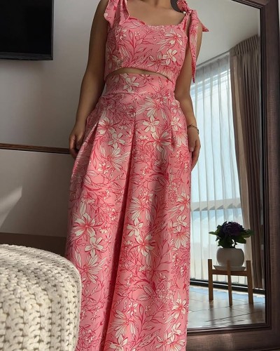 Casual Printed Lace-Up Top & Pants Two-Piece Set