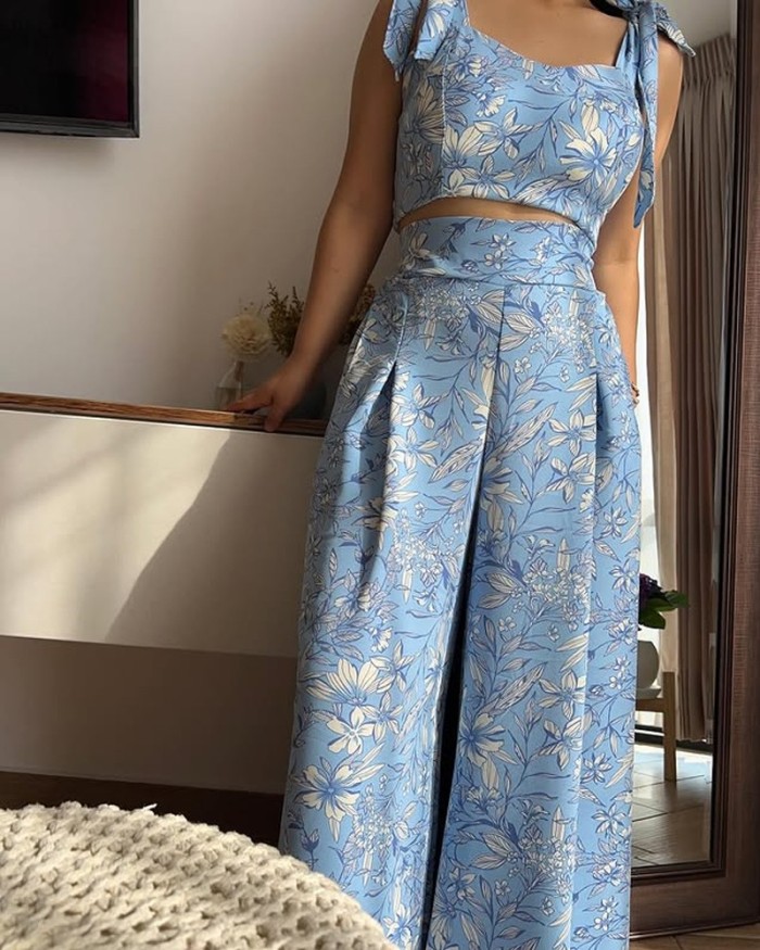 Casual Printed Lace-Up Top & Pants Two-Piece Set