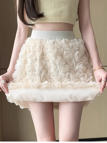 1pc Lightweight Rose Mini Skirt 1pc Women'S Cute 3D Rose Pattern Polyester Tulle Mini Skirt, Elastic Waist A-Line Short, Lightweight 150g\u002Fm² Fabric, with Embroidery Detail, for Spring\u002FSummer Fashion, Umbrella Hem