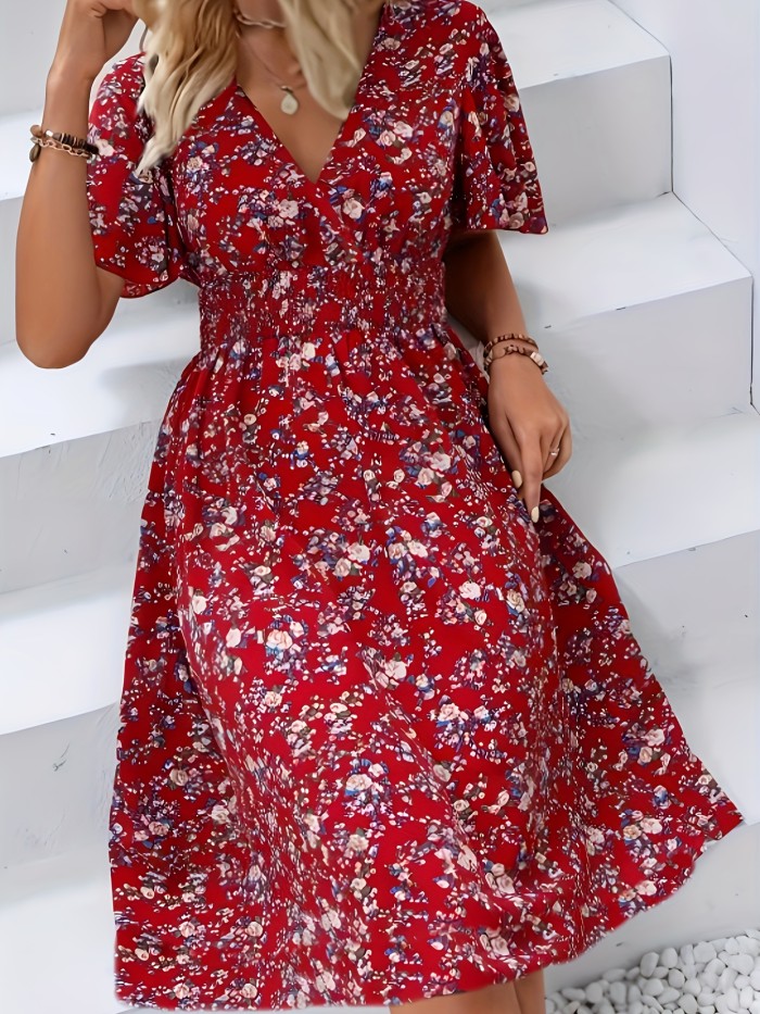 Floral Print Flutter Sleeve Dress, Boho V Neck Slim Waist Dress - Women's Clothing -  Bohemian Style - For Women - Perfect for Summer Parties & Casual Outings - Great Gift for Fashionable Women