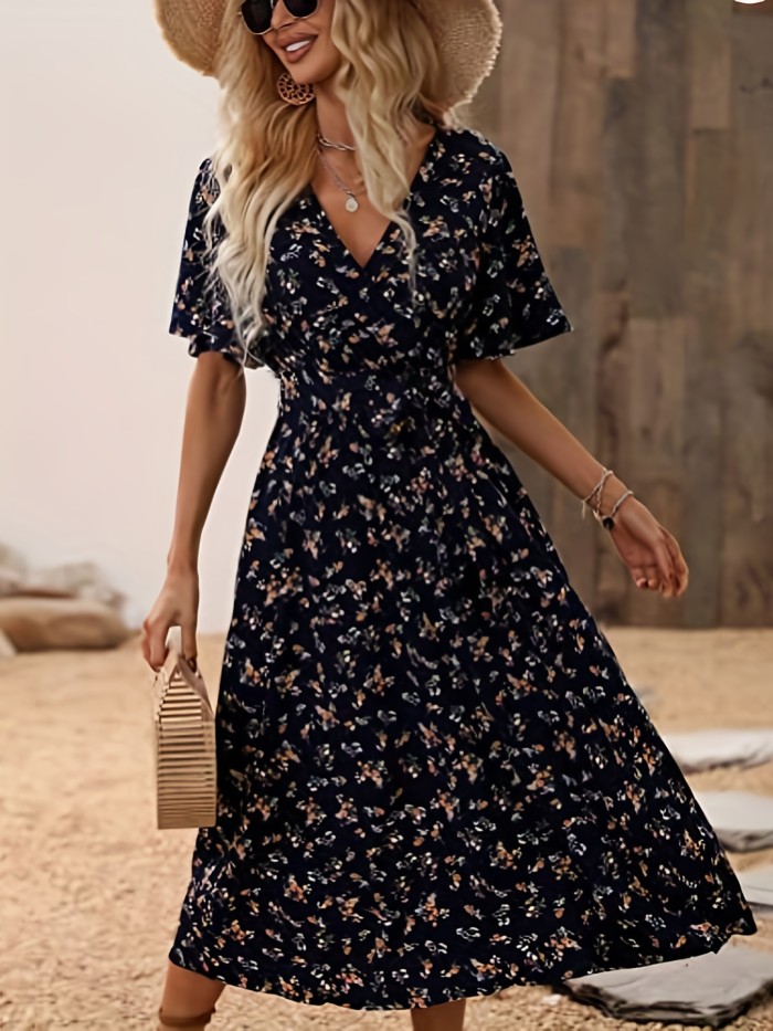 Floral Print Flutter Sleeve Dress, Boho V Neck Slim Waist Dress - Women's Clothing -  Bohemian Style - For Women - Perfect for Summer Parties & Casual Outings - Great Gift for Fashionable Women