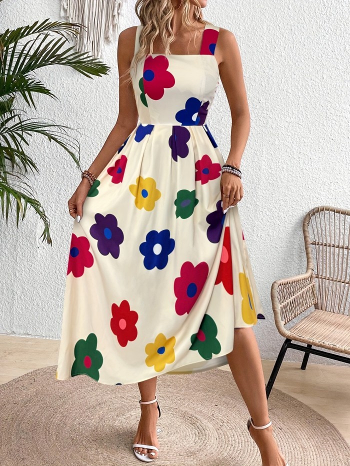 1pc Elegant Floral Print Midi Dress for Women - 100% Polyester, Strapless, Sleeveless, A-Line, Vibrant Flower Pattern for All-Season Wear