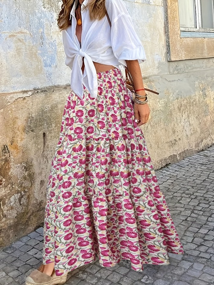 Long Tropical Print Boho High Waist Maxi Skirt - Flared Hem, Regular Fit, Woven Polyester, Machine Washable - Perfect for Spring, Summer, and Fall Seasons