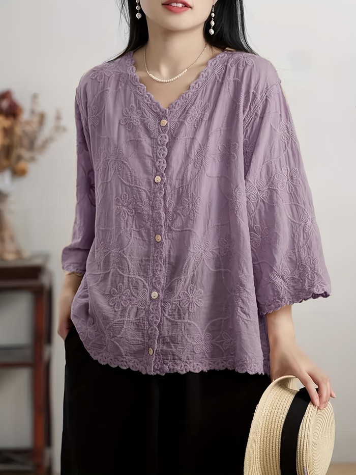 Elegant V-Neck Cardigan for Women - Comfortable Polyester, Half Sleeve, Button-Up with Intricate Floral Embroidery, Ideal for Spring\u002FSummer Casual Wear, Spring Fashion Wear|Elegant Vneck Shirt|Polyester Fabric