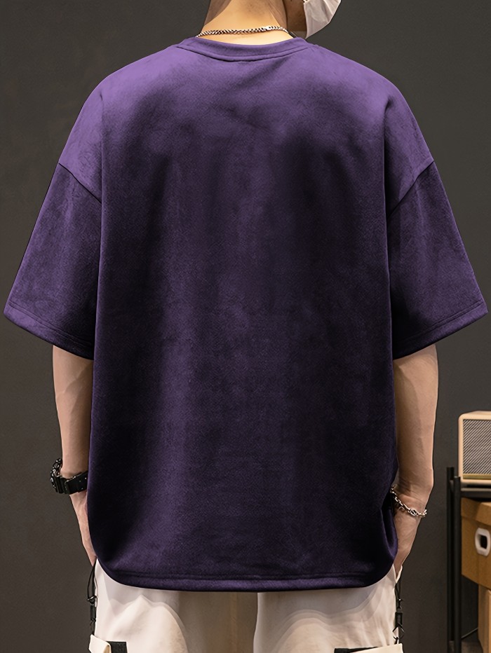 Loose Solid Suedette T-shirt Men's Loose Solid Suedette T-shirt, Casual Short Sleeve Crew Neck Tee, Men's Clothing For Summer Outdoor
