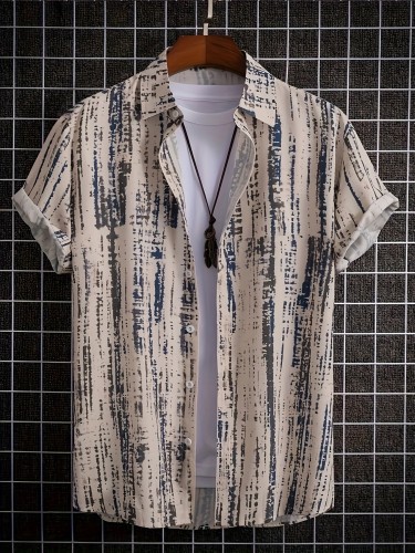 Loose Geometric Print Shirt Casual Loose Geometric Print Shirt - Men's Short Sleeve Button Up Shirt For Outdoor Activities