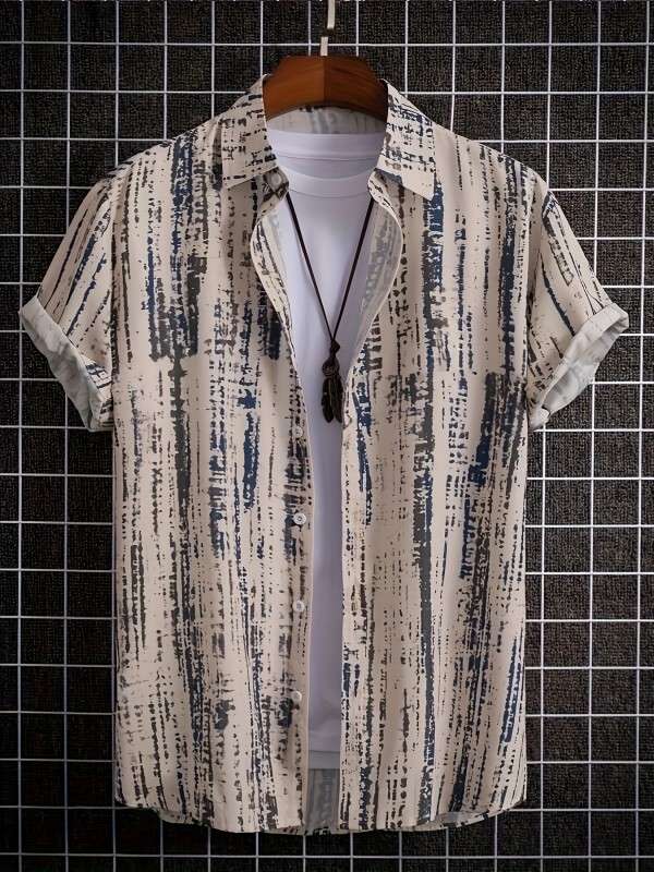 Loose Geometric Print Shirt Casual Loose Geometric Print Shirt - Men's Short Sleeve Button Up Shirt For Outdoor Activities