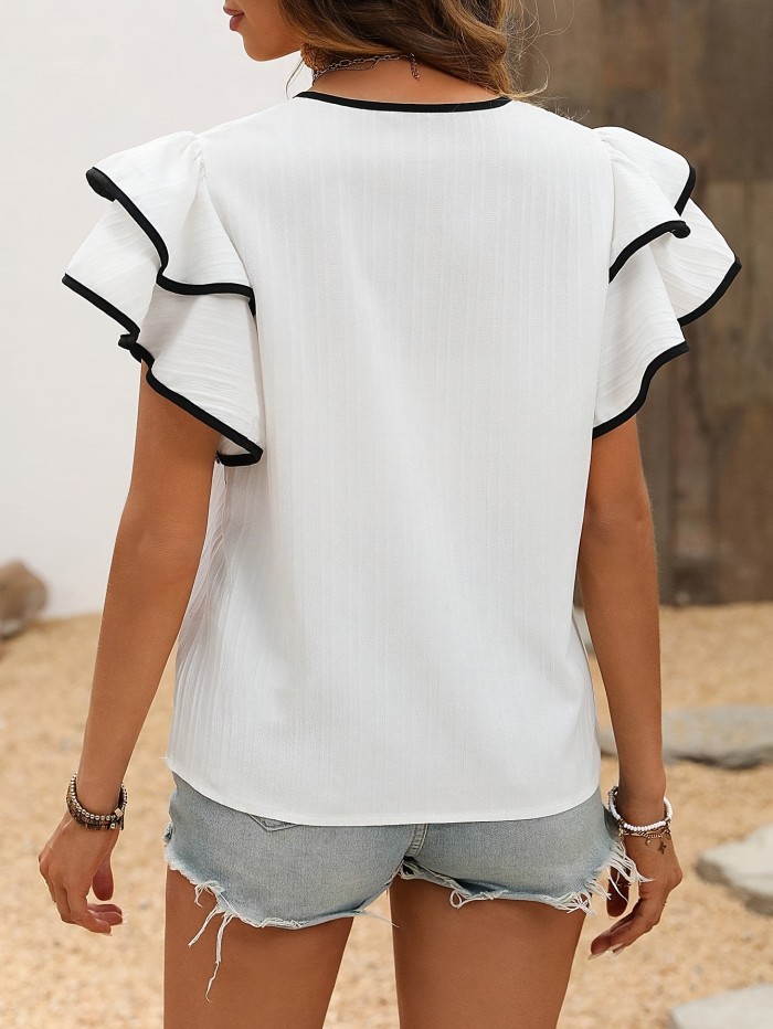 Elegant Women's V-Neck Blouse with Ruffle Sleeves - Chic White Polyester Shirt with Black Trim, Casual Yet Stylish for Spring\u002FFall, Perfect for Teens and Casual Attire, Ladies Blouses