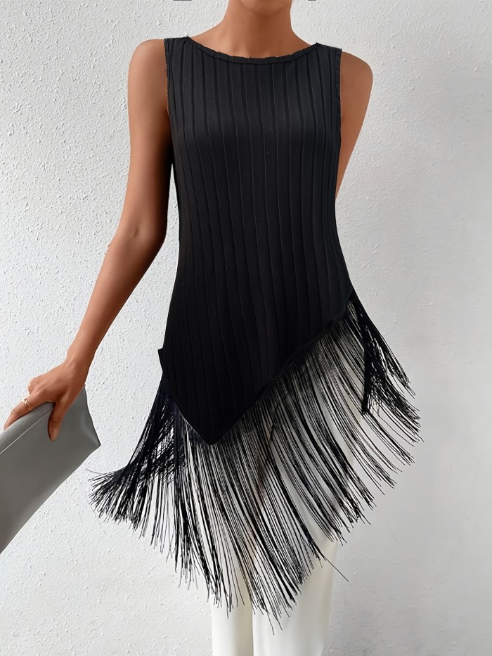 Everyday Comfort Elegant Sleeveless Ribbed Knit Tassel Top for Women - Black & Gray Layered Design, Round Neck, Machine Washable, Perfect for Casual Outings