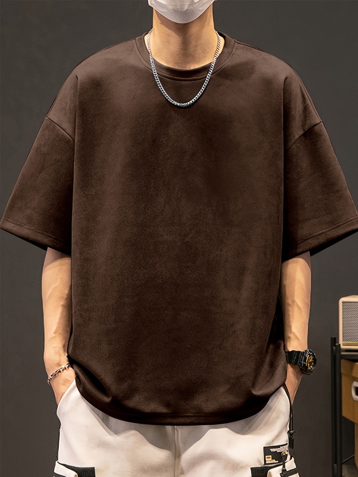 Loose Solid Suedette T-shirt Men's Loose Solid Suedette T-shirt, Casual Short Sleeve Crew Neck Tee, Men's Clothing For Summer Outdoor