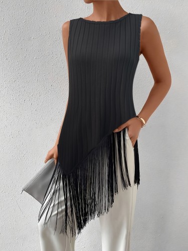 Everyday Comfort Elegant Sleeveless Ribbed Knit Tassel Top for Women - Black & Gray Layered Design, Round Neck, Machine Washable, Perfect for Casual Outings