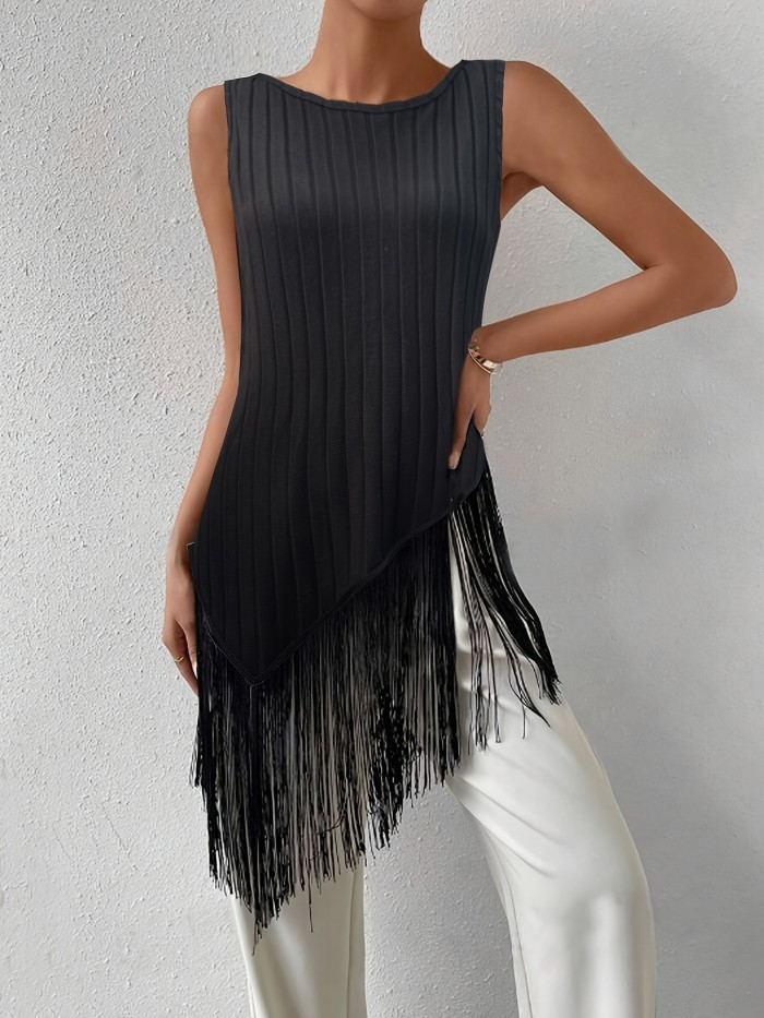 Everyday Comfort Elegant Sleeveless Ribbed Knit Tassel Top for Women - Black & Gray Layered Design, Round Neck, Machine Washable, Perfect for Casual Outings