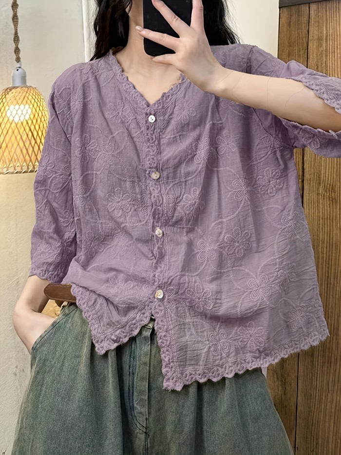 Elegant V-Neck Cardigan for Women - Comfortable Polyester, Half Sleeve, Button-Up with Intricate Floral Embroidery, Ideal for Spring\u002FSummer Casual Wear, Spring Fashion Wear|Elegant Vneck Shirt|Polyester Fabric
